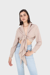 Beige linen plunging tie front shirt