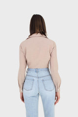 Beige linen plunging tie front shirt