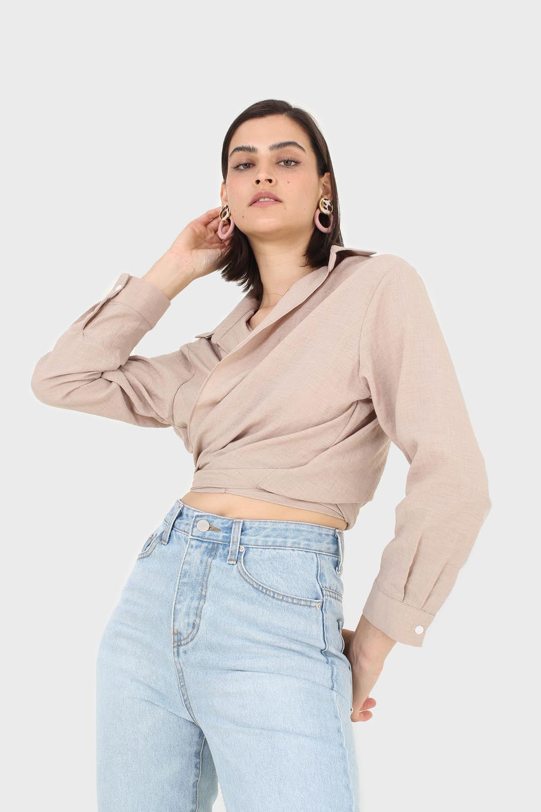 Beige linen plunging tie front shirt