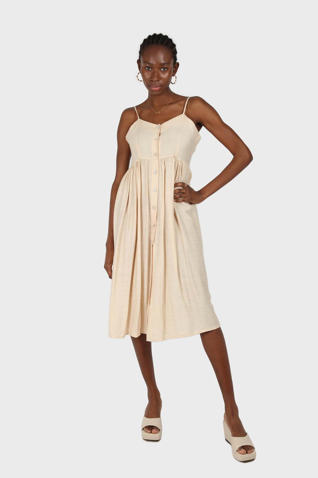 Beige button up thin strap dress