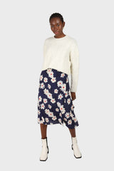 Bright blue and white floral wrap midi skirt