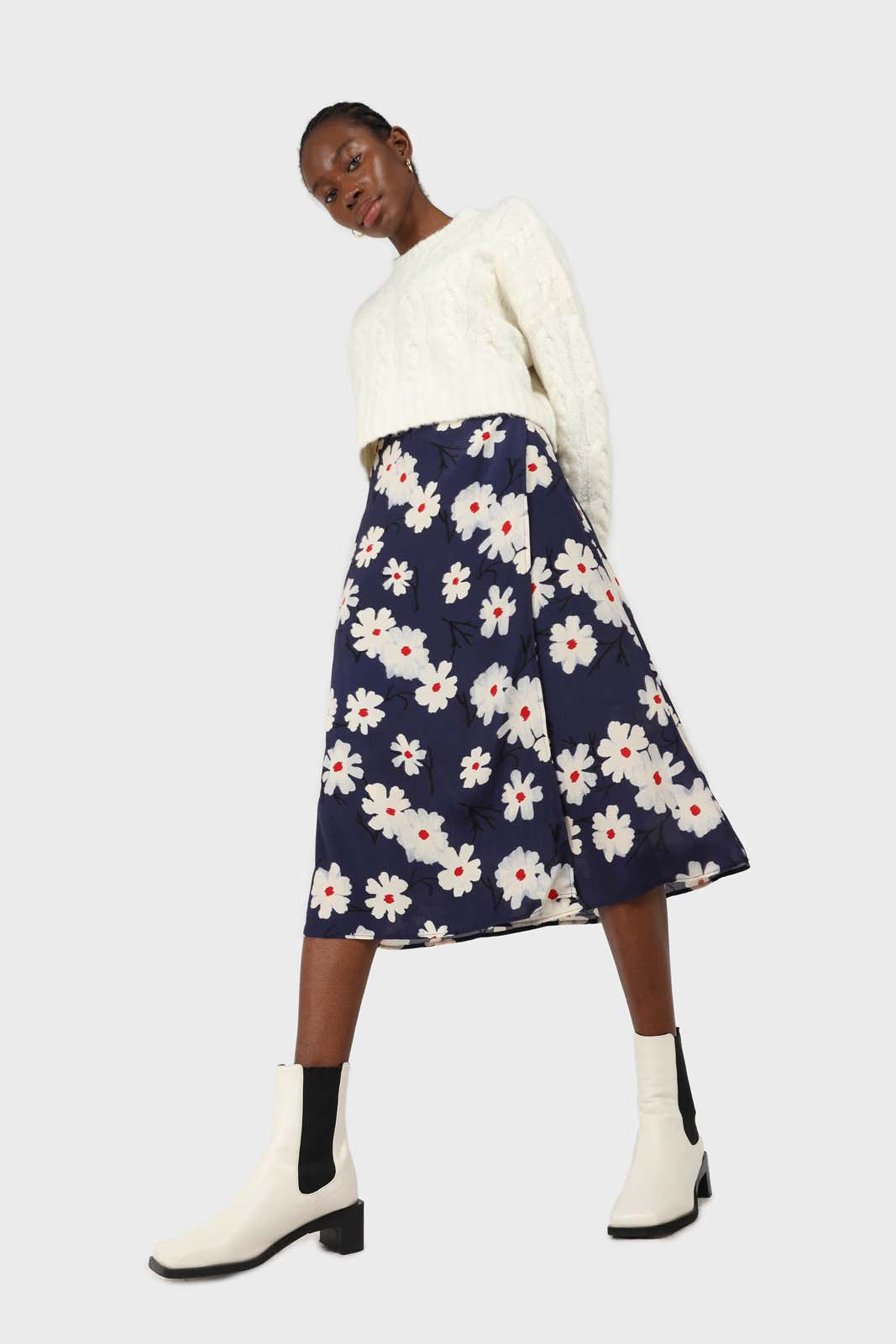Bright blue and white floral wrap midi skirt