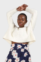 Bright blue and white floral wrap midi skirt