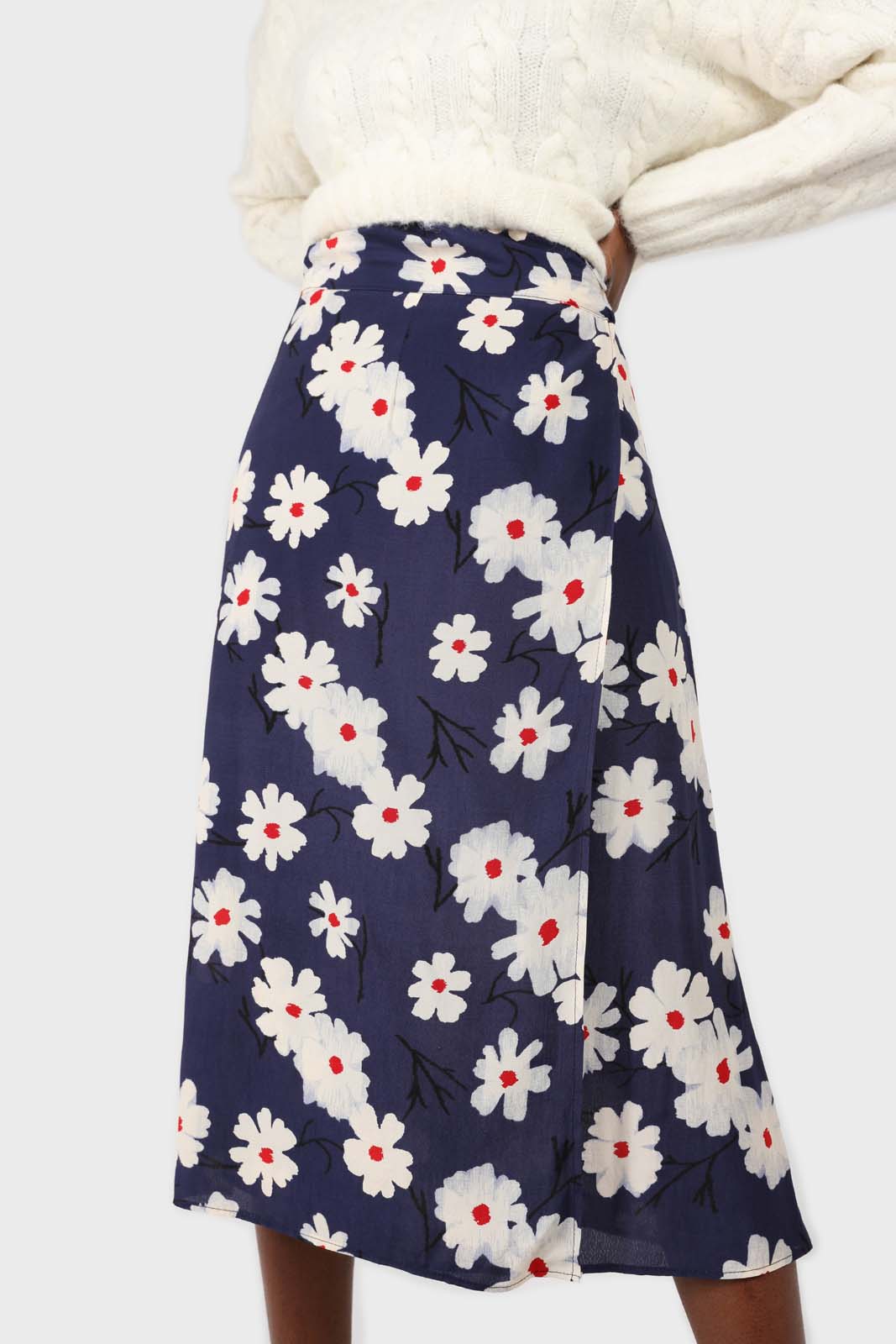 Bright blue and white floral wrap midi skirt