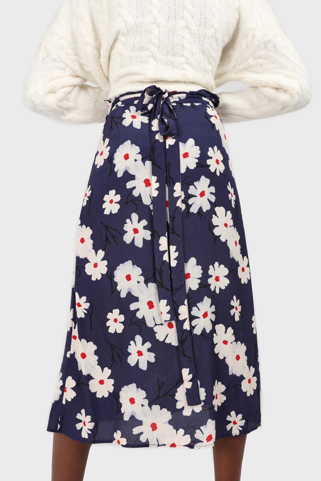 Bright blue and white floral wrap midi skirt