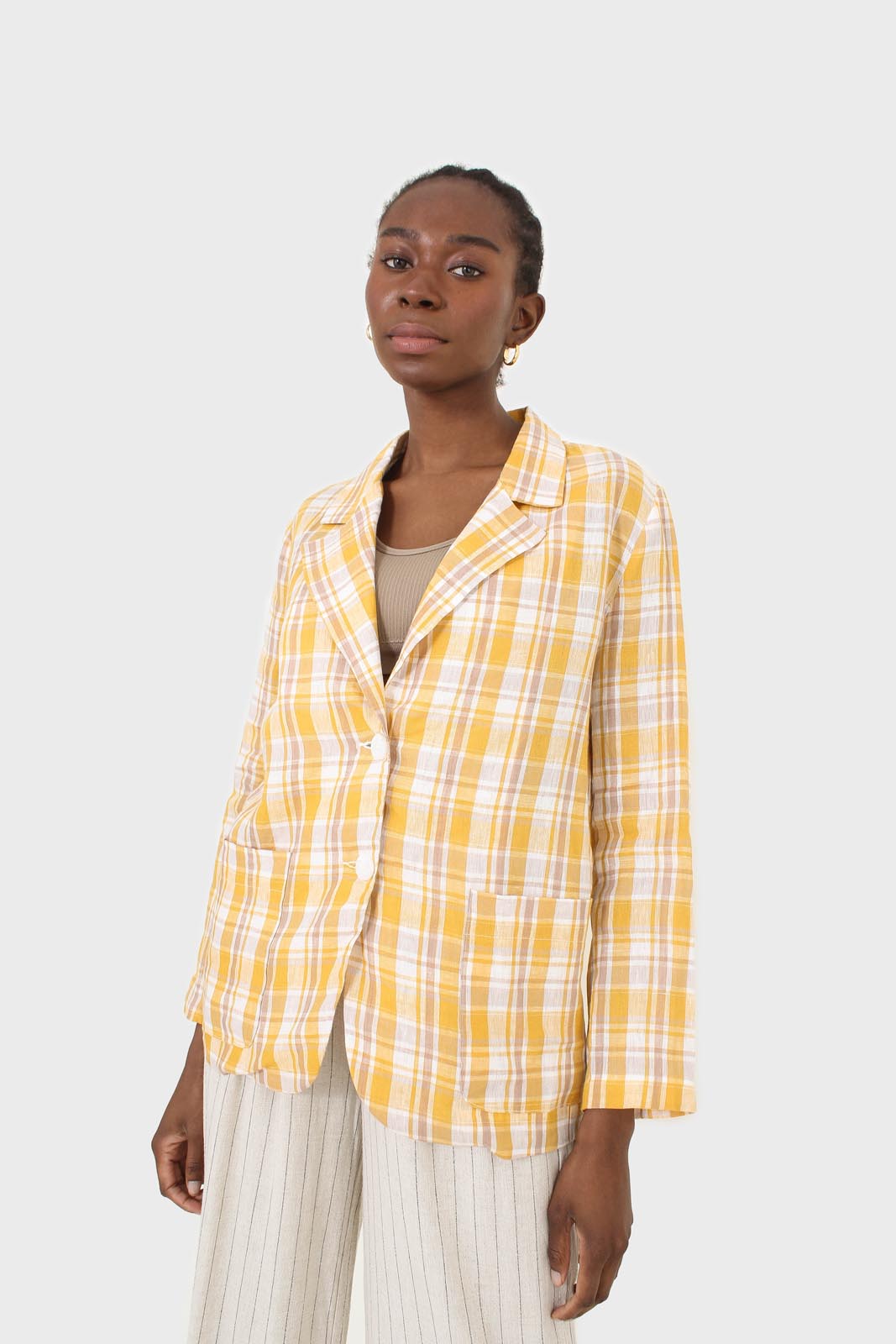 Yellow and brown checked linen blazer
