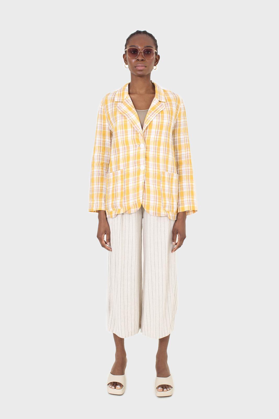 Yellow and brown checked linen blazer