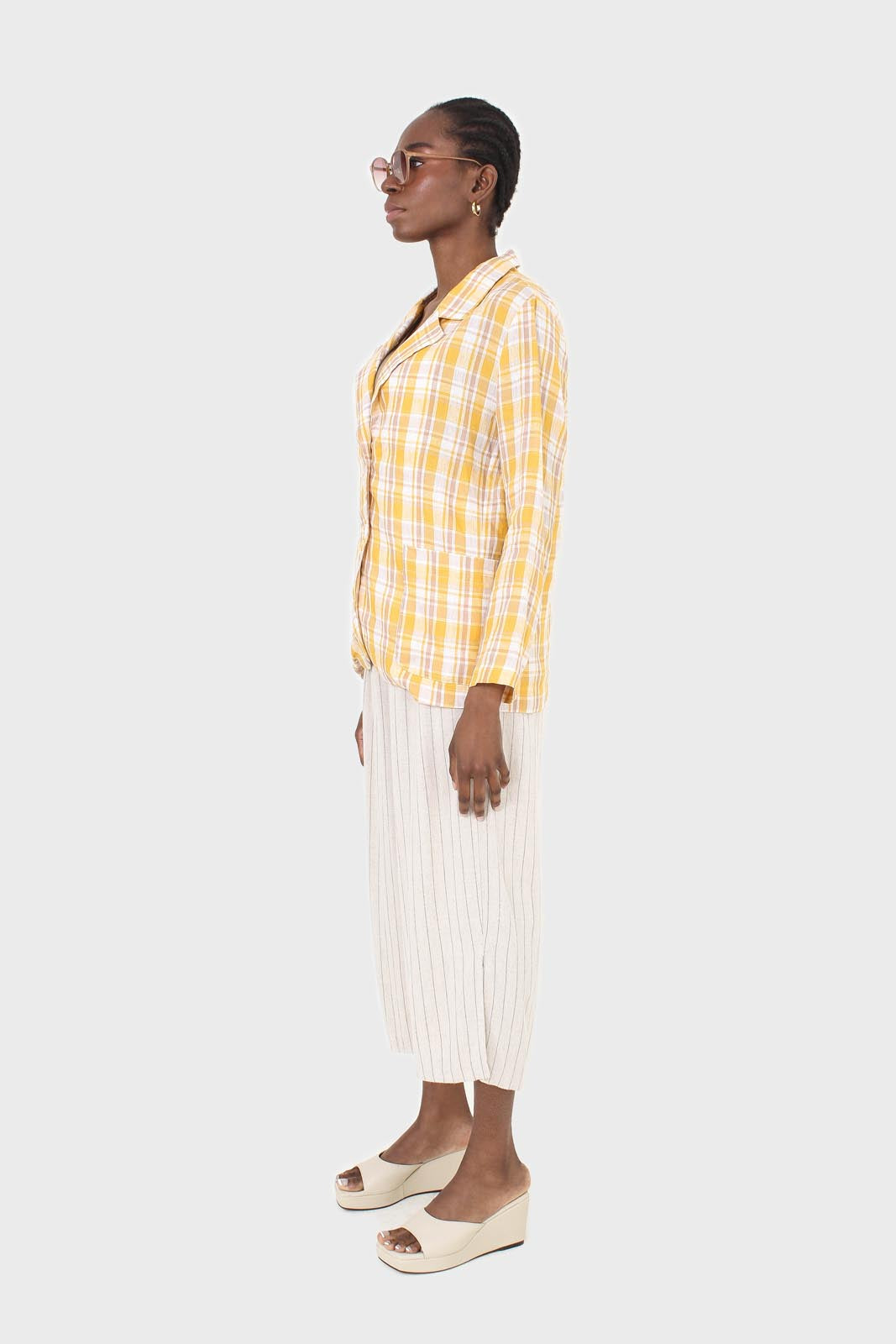 Yellow and brown checked linen blazer