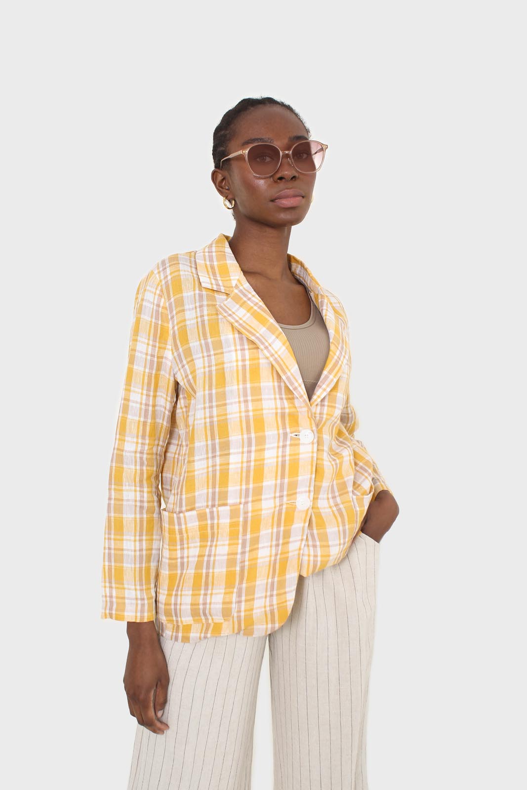 Yellow and brown checked linen blazer