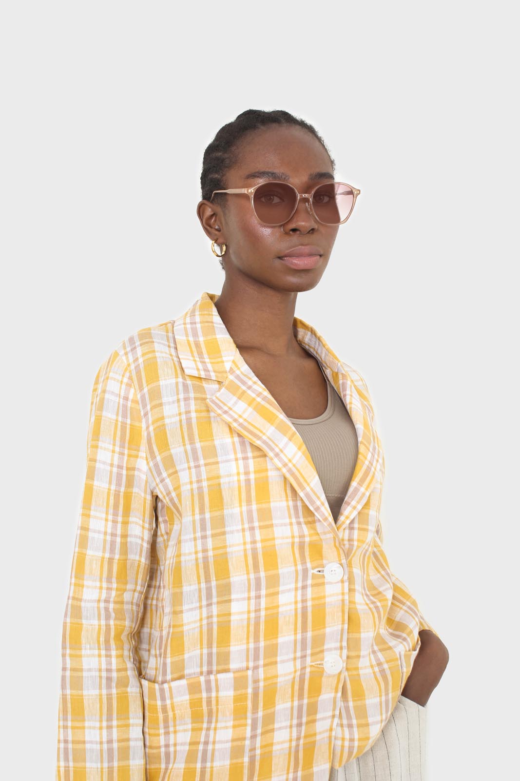 Yellow and brown checked linen blazer