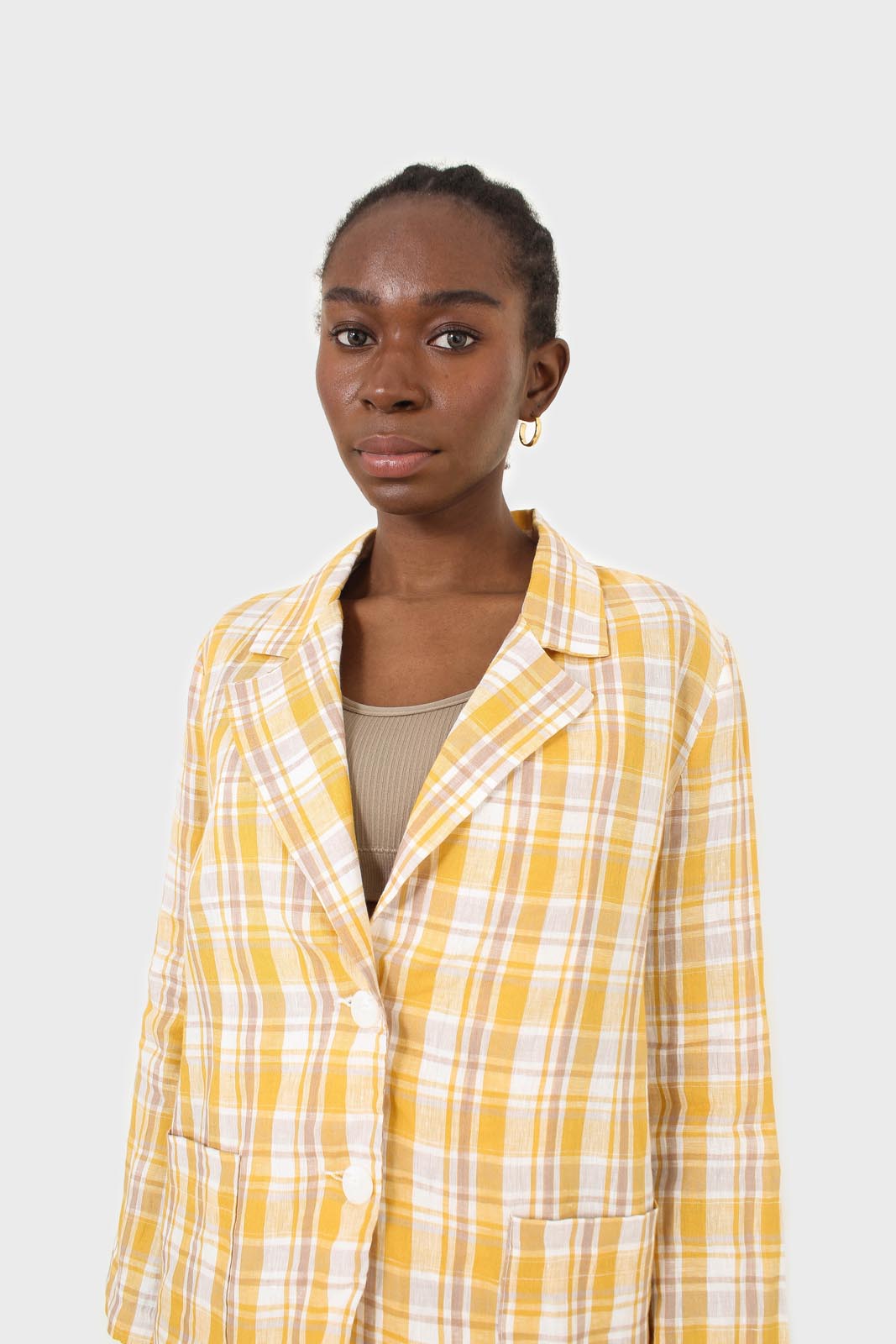 Yellow and brown checked linen blazer