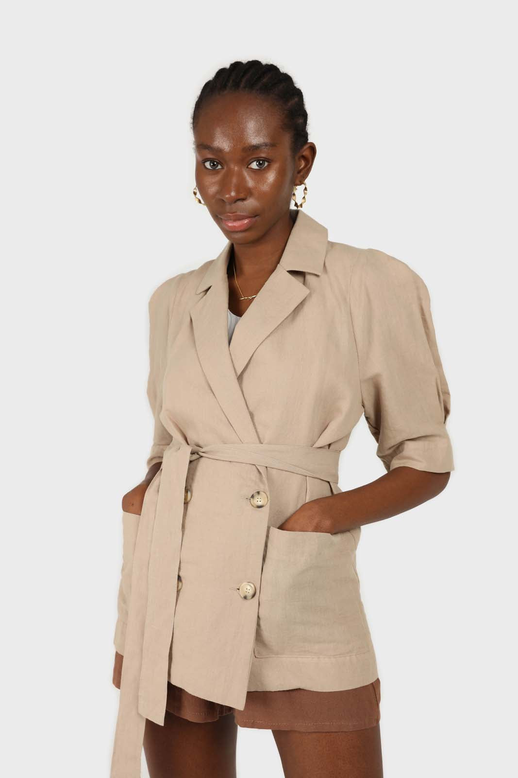 Beige double breasted short sleeved blazer