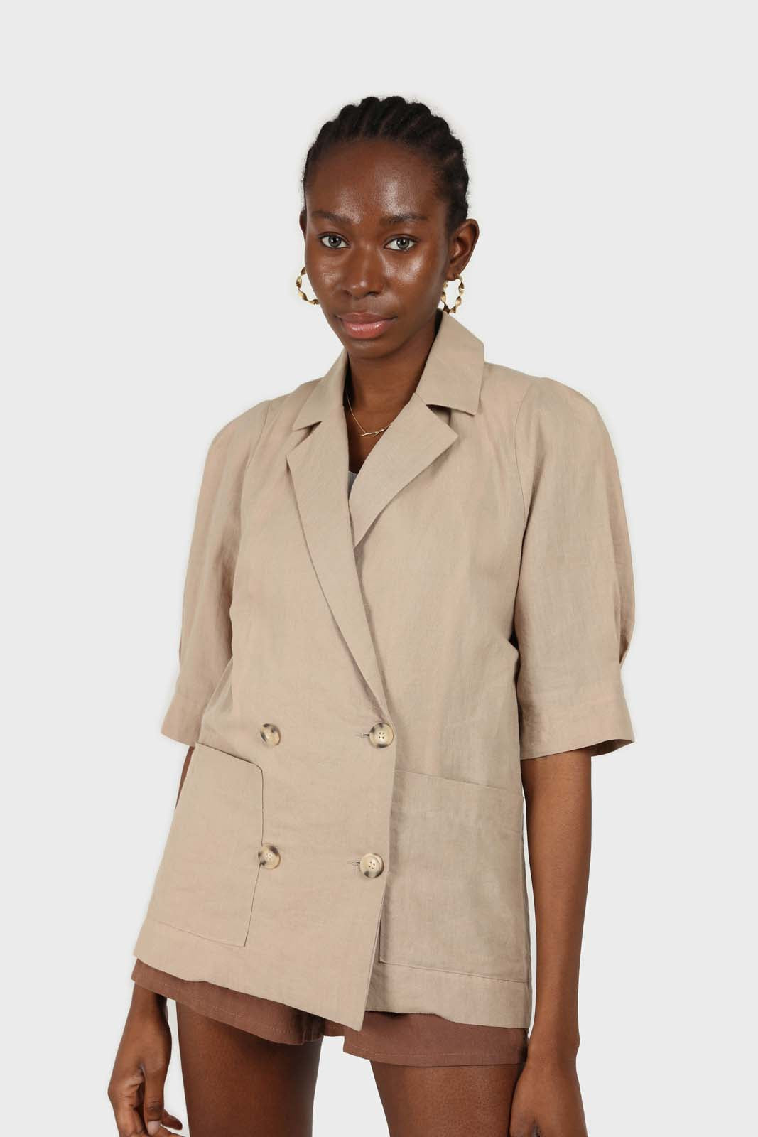 Beige double breasted short sleeved blazer