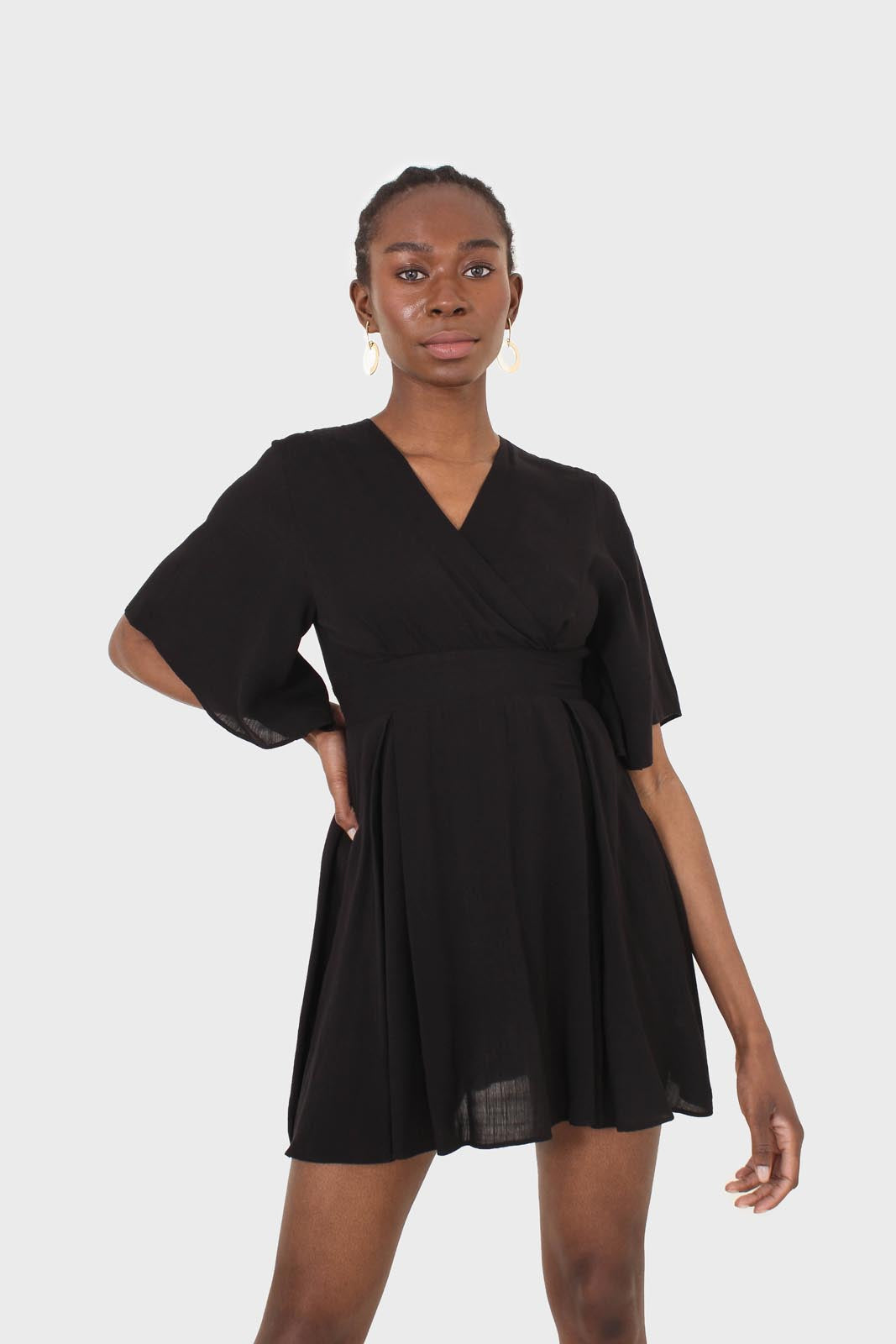 Black layered V-neck short sleeved dress
