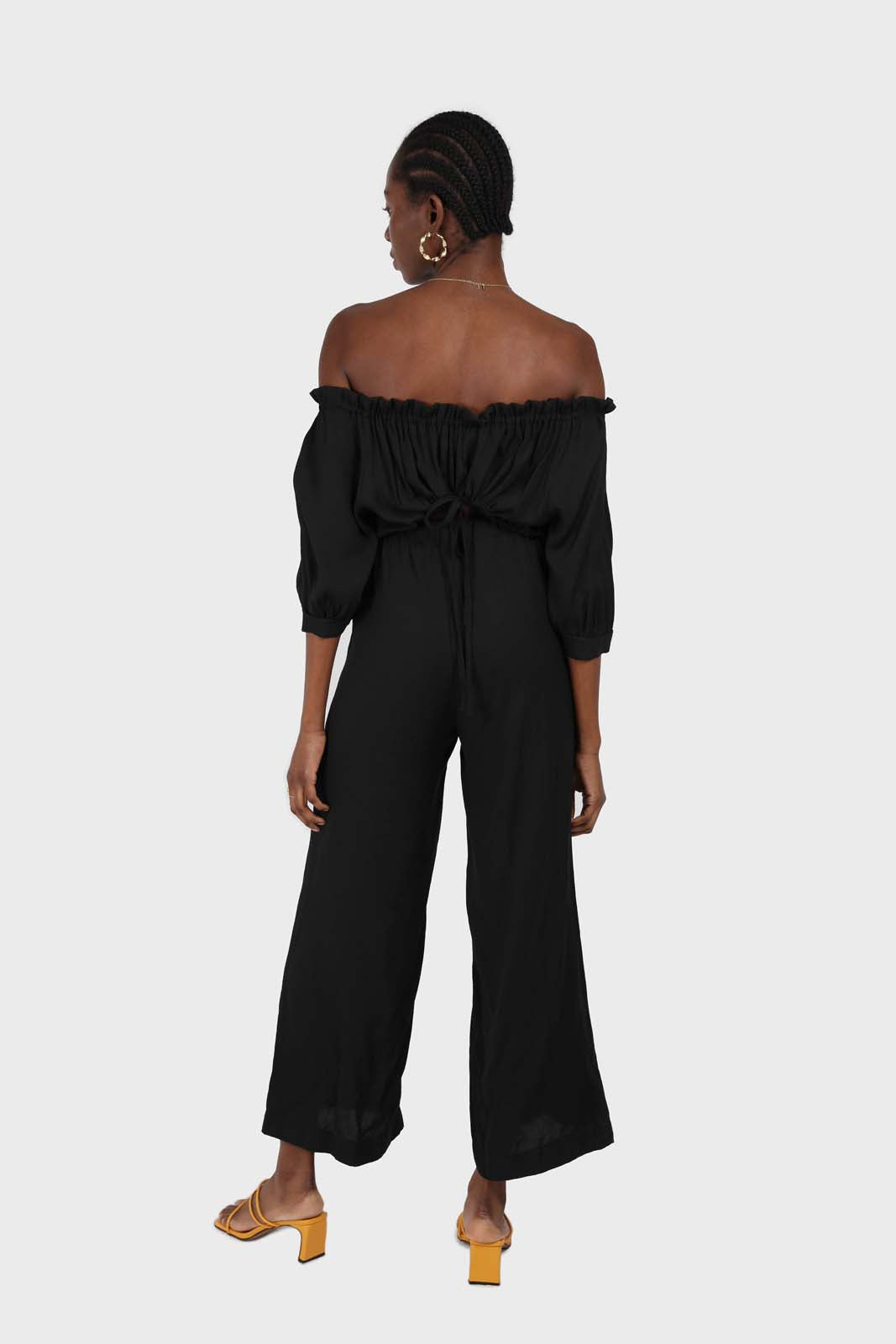 Black off shoulder open back jumpsuit