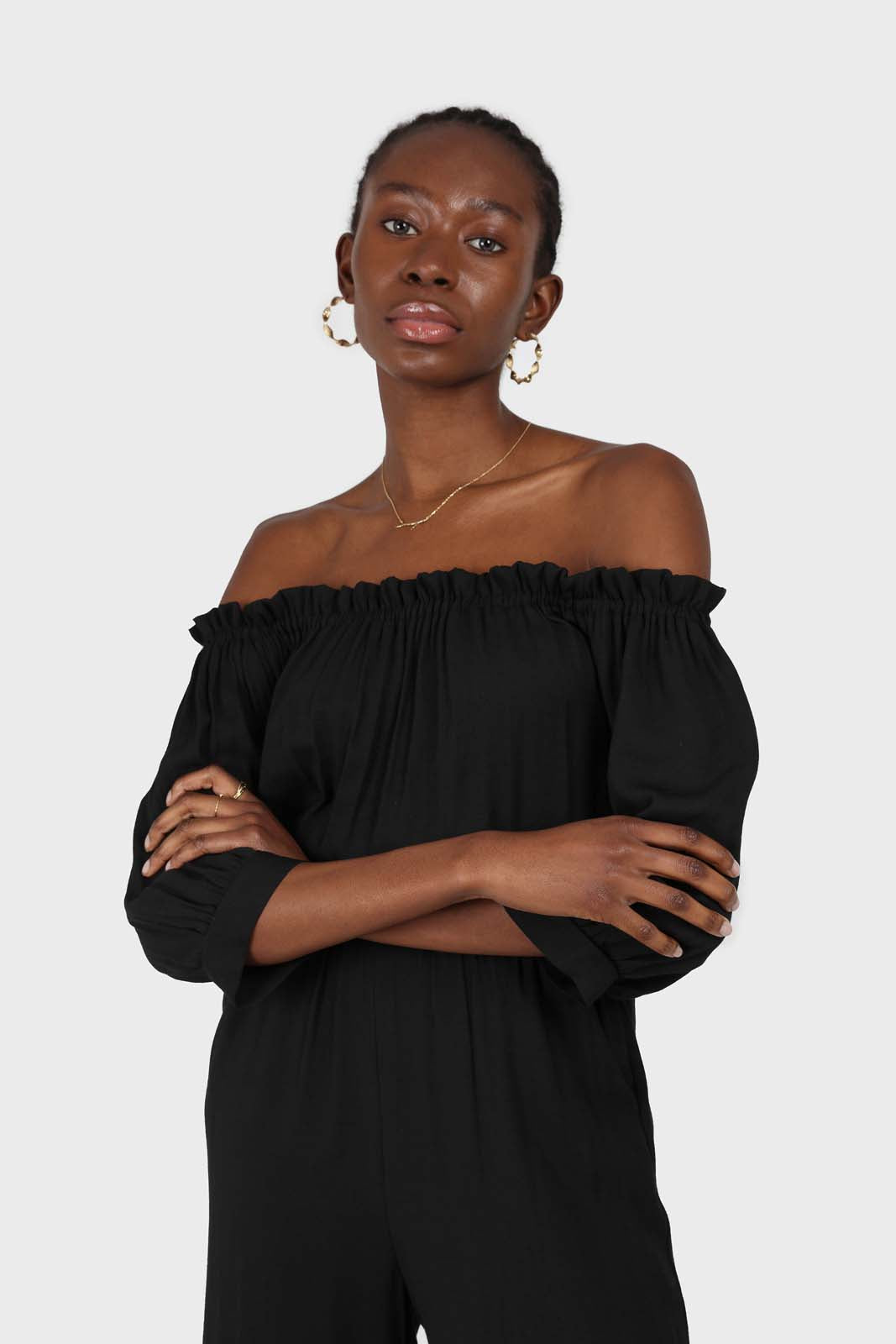 Black off shoulder open back jumpsuit
