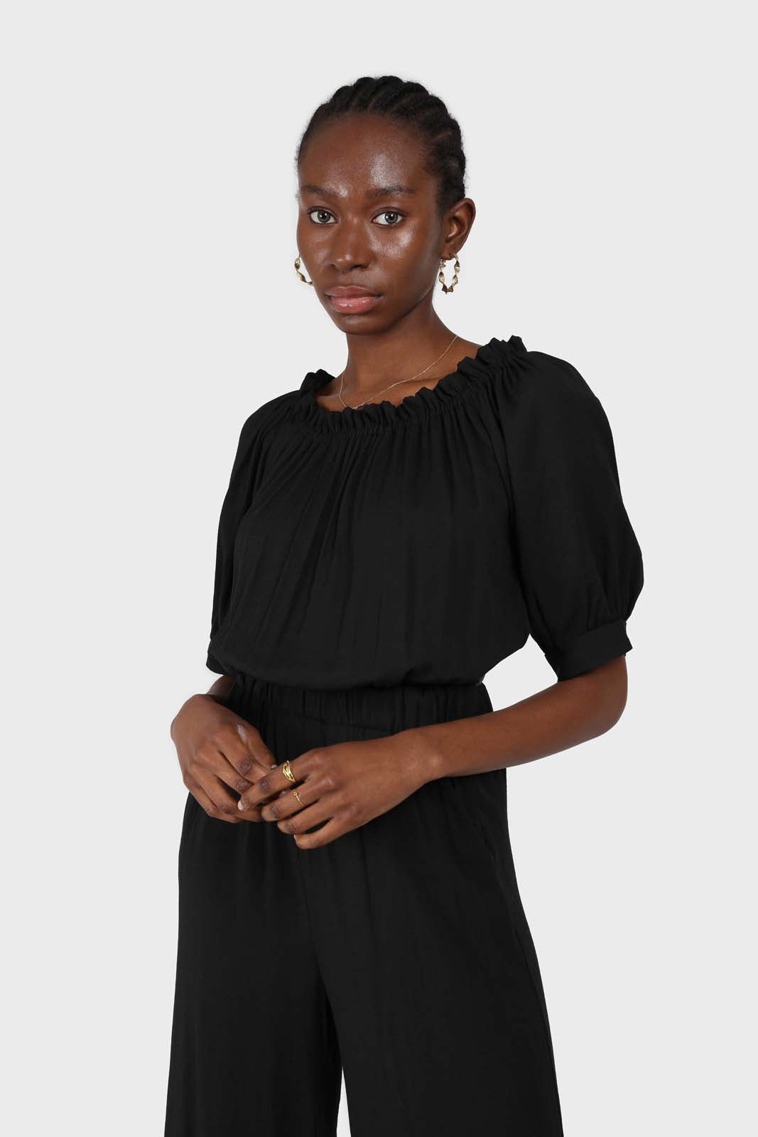 Black off shoulder open back jumpsuit