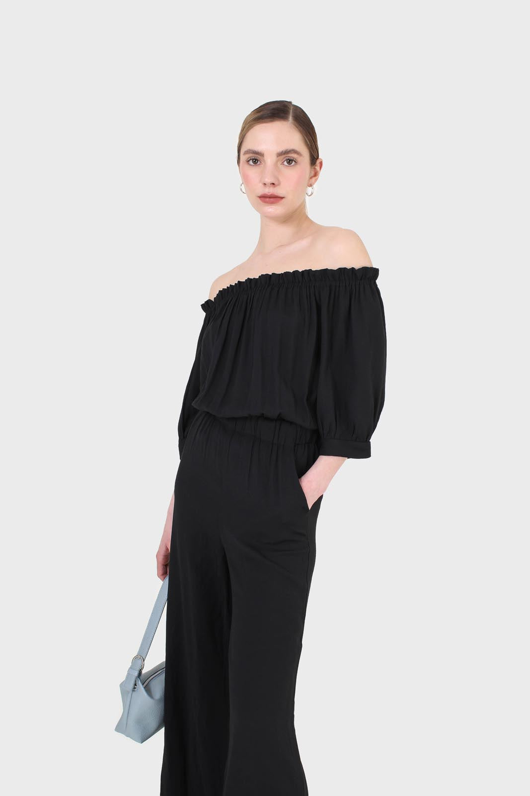 Black off shoulder open back jumpsuit