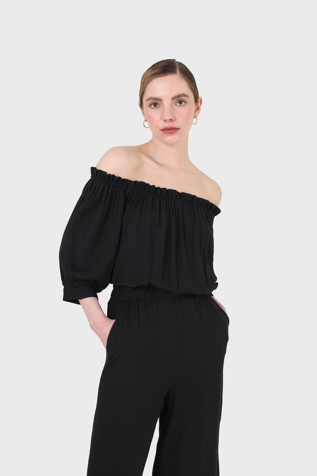 Black off shoulder open back jumpsuit