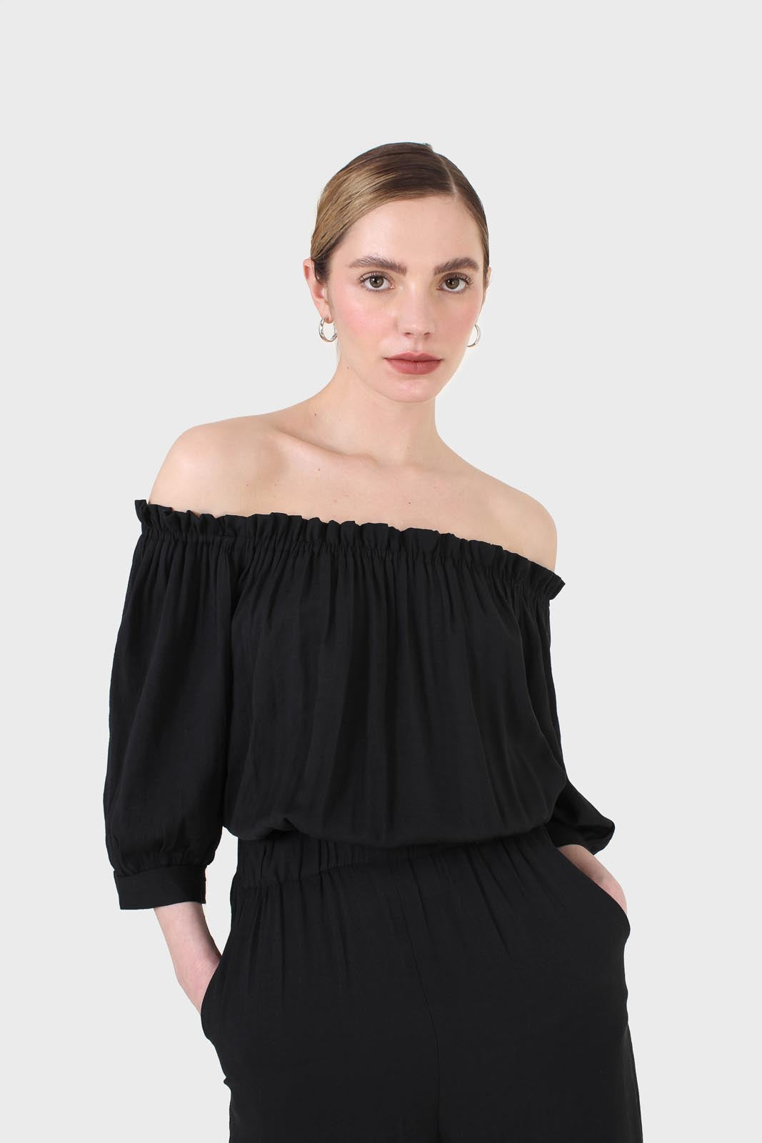 Black off shoulder open back jumpsuit