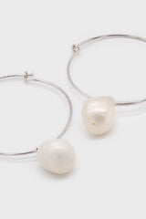 Silver genuine pearl drop large hoops