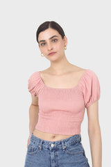 Pink ruched bodice puff sleeved top