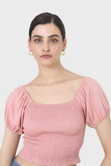 Pink ruched bodice puff sleeved top