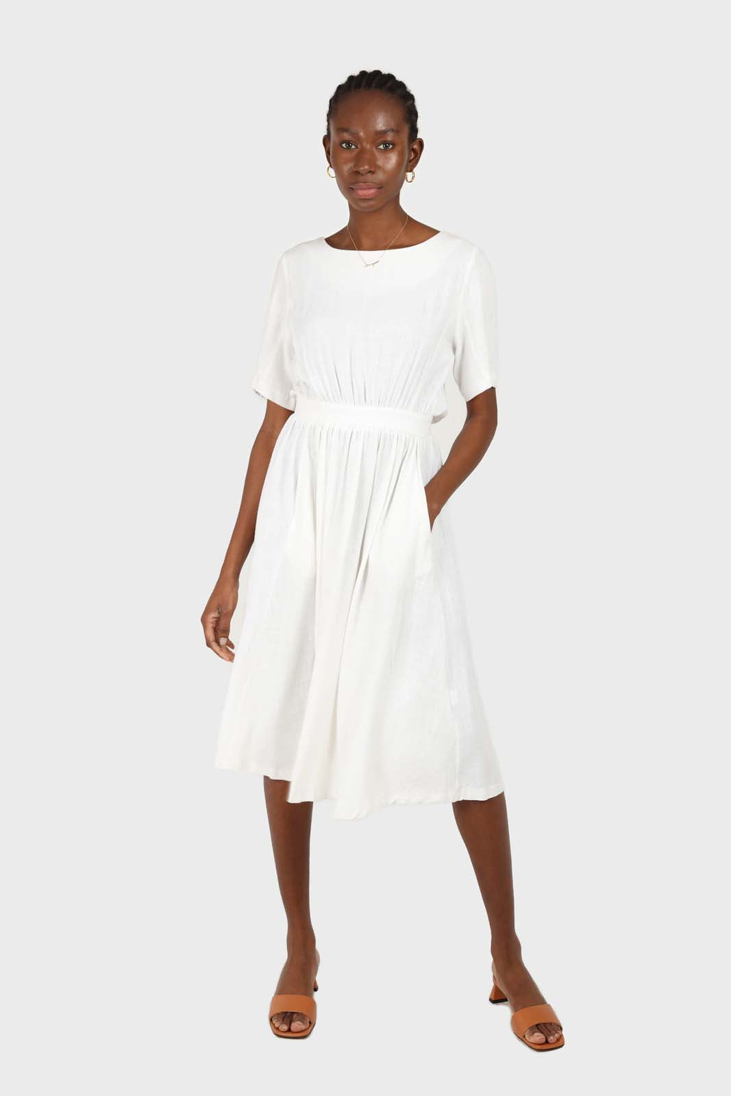White open back button maxi linen dress