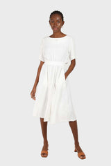 White open back button maxi linen dress