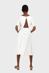 White open back button maxi linen dress