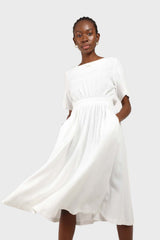 White open back button maxi linen dress