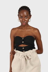 Black open button front linen bustier