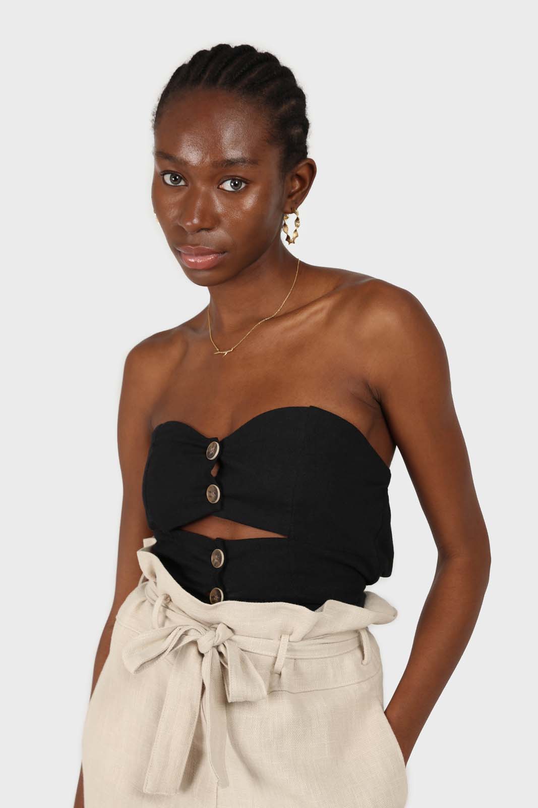 Black open button front linen bustier