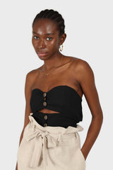 Black open button front linen bustier