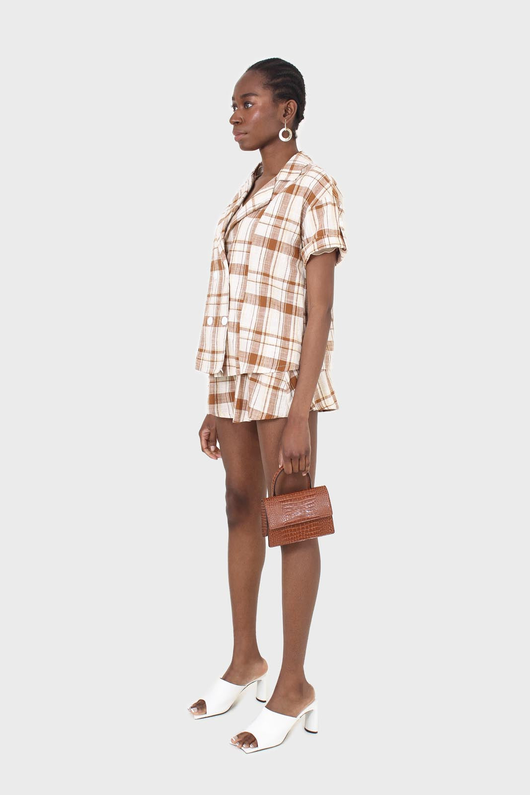 Beige and brown checked linen shorts