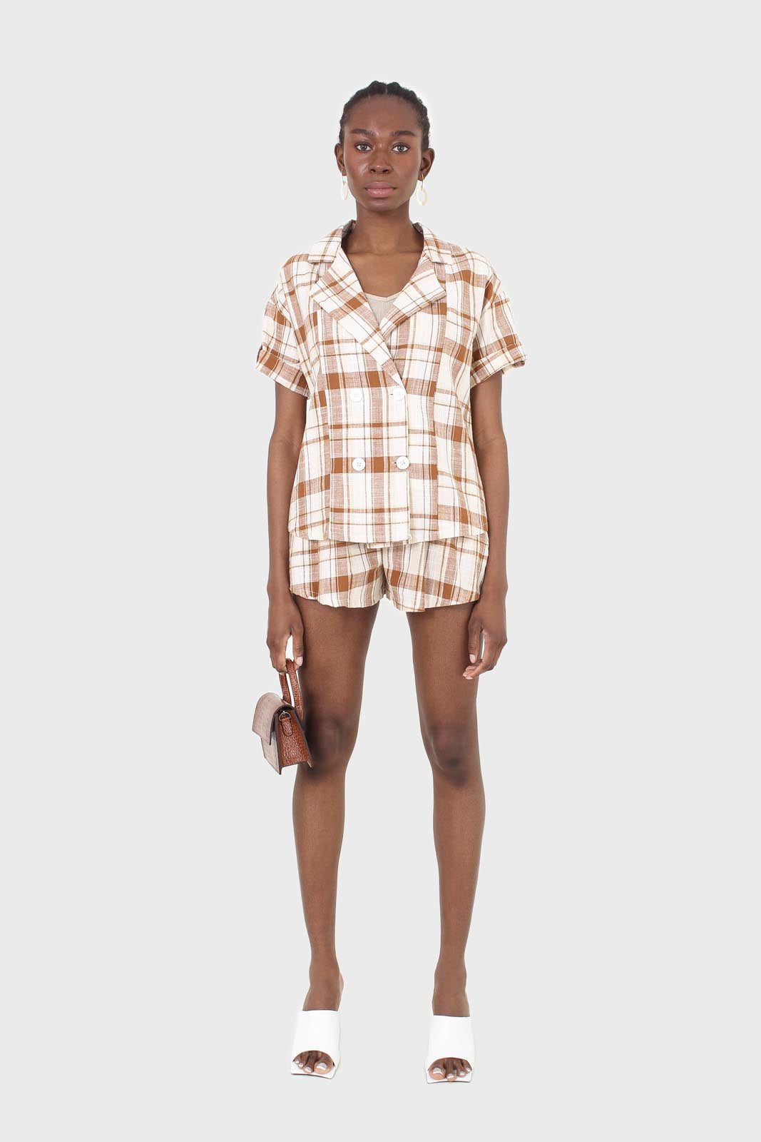 Beige and brown checked linen shorts