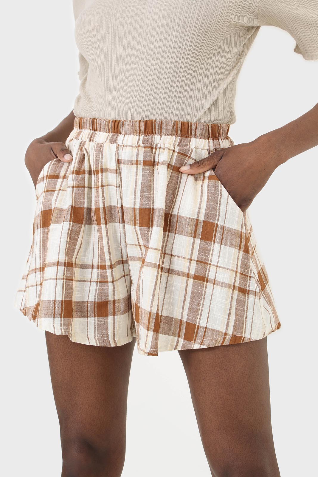 Beige and brown checked linen shorts