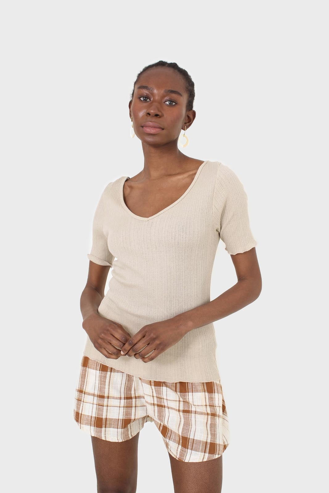 Beige and brown checked linen shorts