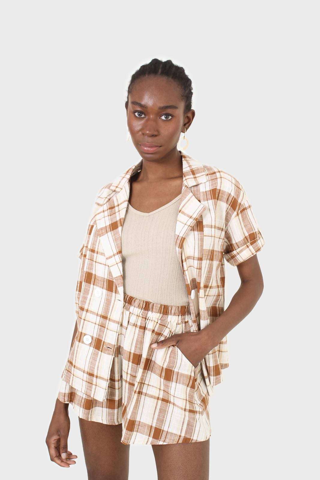 Beige and brown checked linen shorts