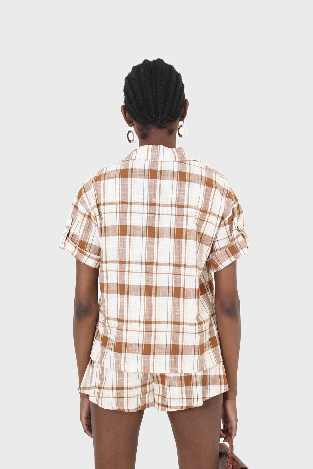 Beige and brown checked linen shorts