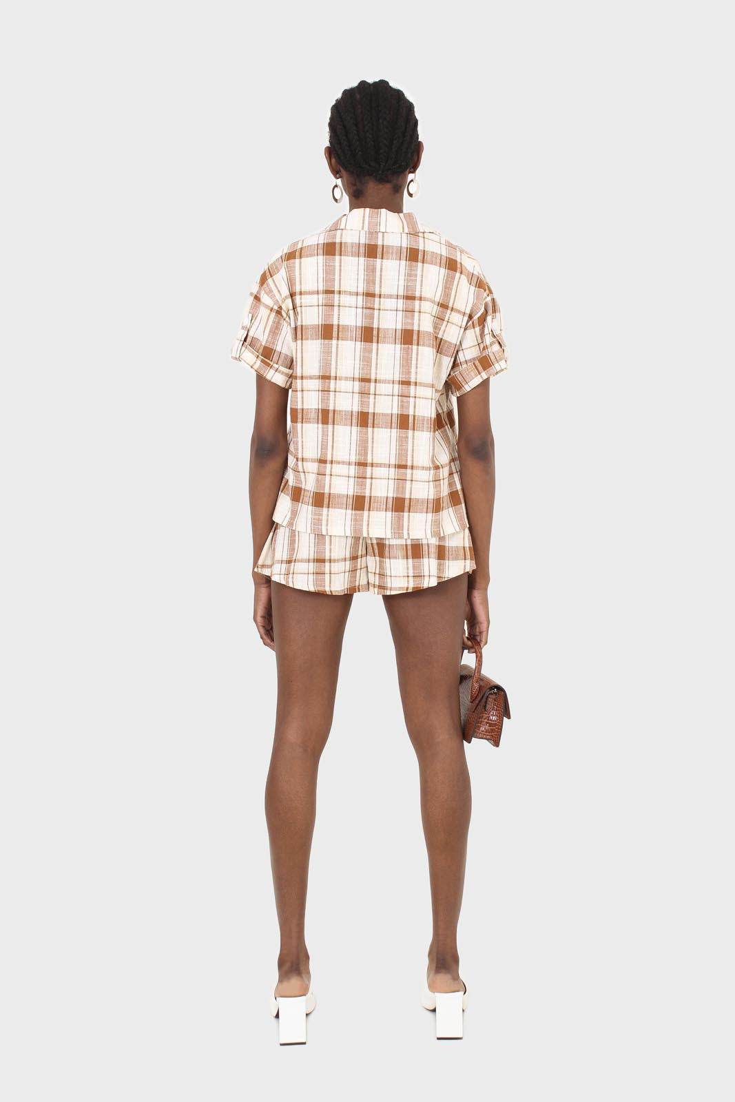 Beige and brown checked linen shorts