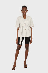 Oatmeal two button belted linen blazer