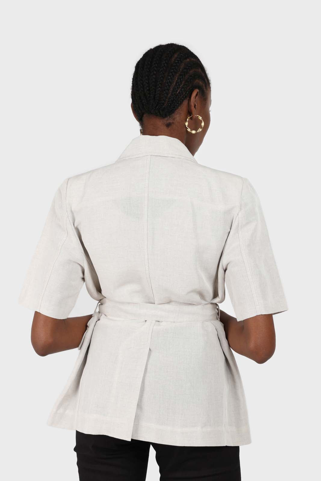 Oatmeal two button belted linen blazer