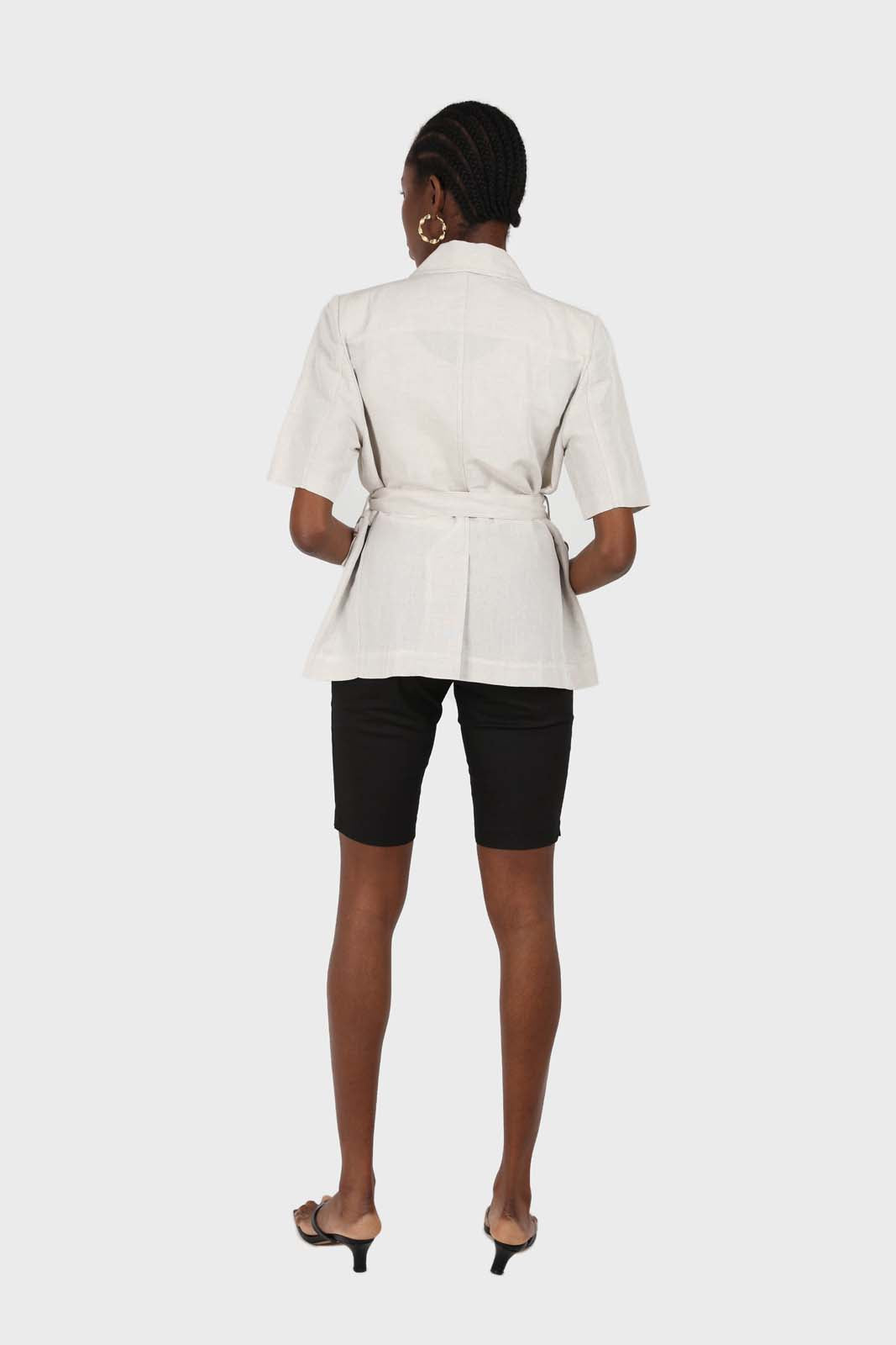 Oatmeal two button belted linen blazer