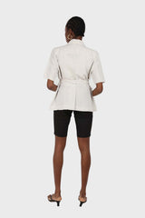 Oatmeal two button belted linen blazer