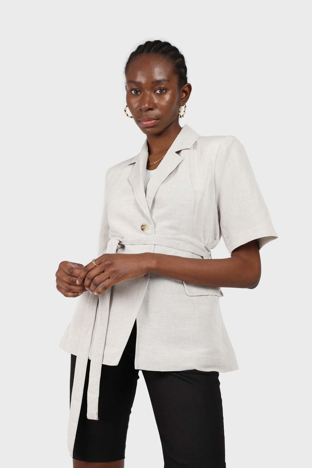 Oatmeal two button belted linen blazer