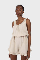 Beige ruffle hem sleeveless romper