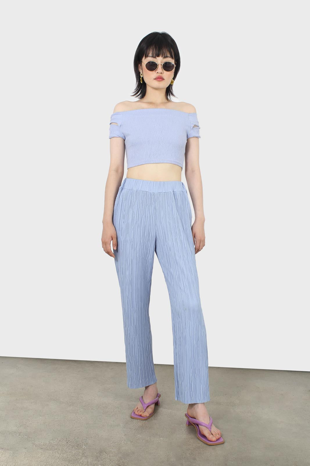 Sky blue off shoulder cropped tee