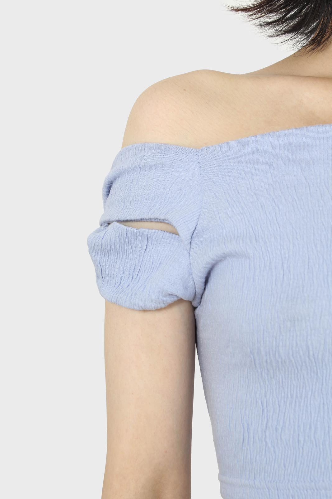 Sky blue off shoulder cropped tee