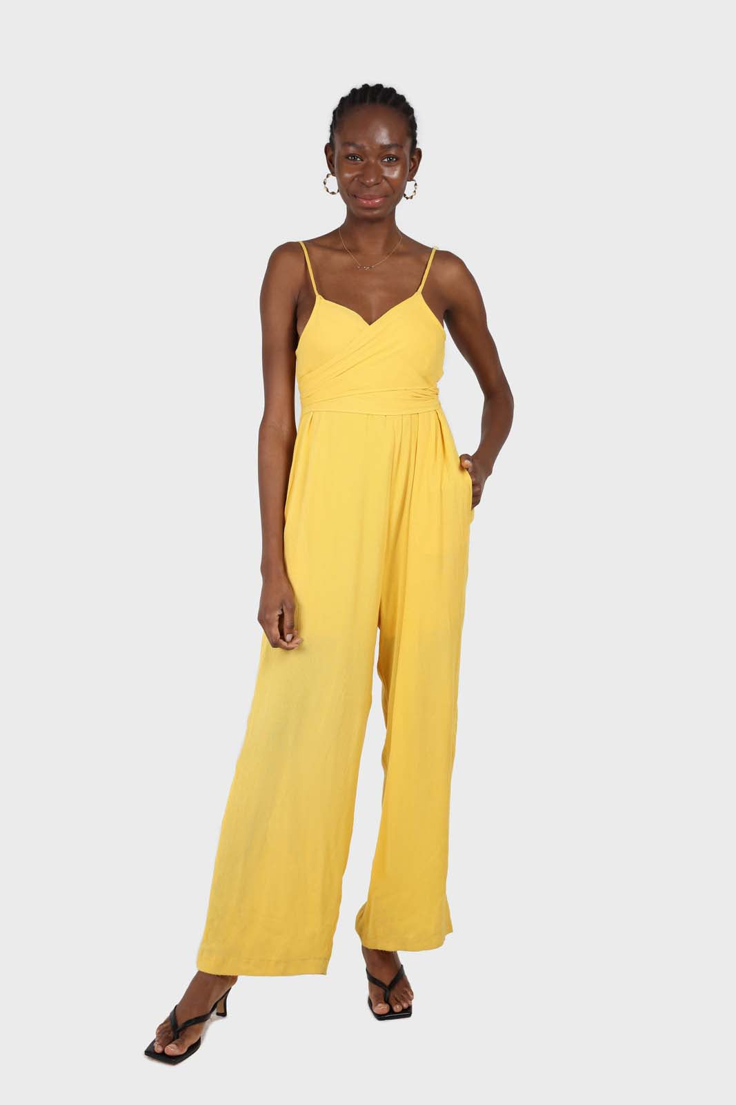 Yellow tie front thin strap jumpsuit